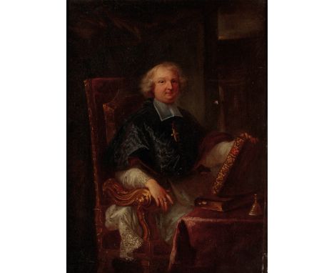 FRENCH SCHOOL 18th century style, A portrait of a Bishop seated at a table holding a large book, oil on canvas, 31cm x 23cm 