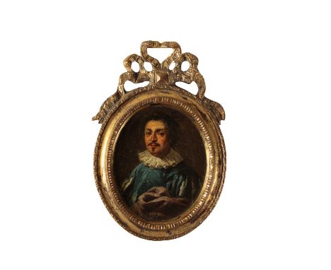 CONTINENTAL SCHOOL, PORTRAIT MINIATURE STUDY OF A GENTLEMAN wearing a blue silk doublet and lace ruff, 6.75cm x 5.5cm in a br