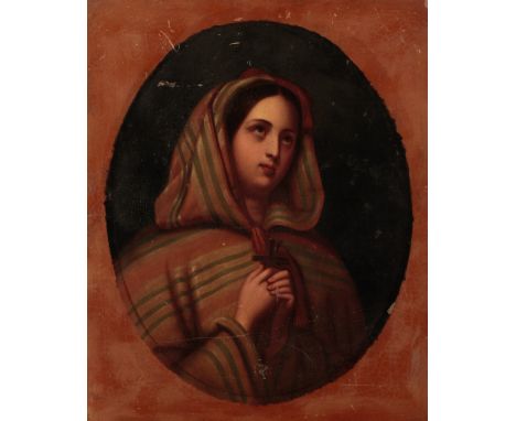 CONTINENTAL SCHOOL half-length portrait of a woman wearing a striped shawl, her hands clutching a cross, painted oval, oil on