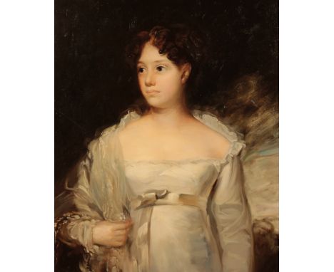 ENGLISH SCHOOL, 20TH CENTURY A half-length portrait of a young lady wearing a white silk dress, oil on canvas, 60cm x 50cm