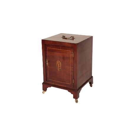 GEORGE III STYLE MAHOGANY CELLARETTE with a brass carrying handle and a door to the front inlaid with an oval satinwood conch