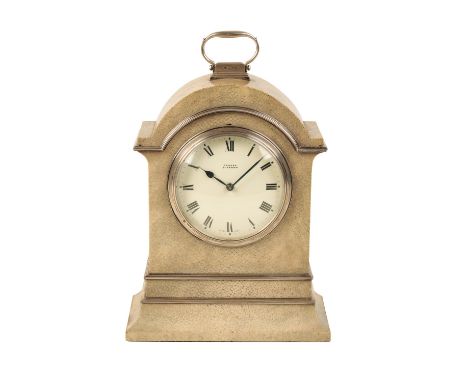 GEORGE V SHAGREEN AND SILVER SWISS MANTLE CLOCK, the 8.5cm white enamel dial with Roman numerals, inscribed " Edward Glasgow"