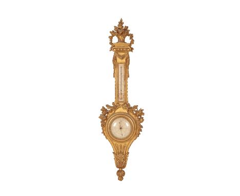 LOUIS XVI GILTWOOD BAROMETER with a painted thermometer gauge and dial inscribed "Passement a Versailles", the thermometer ga