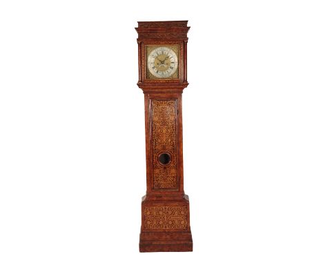 QUEEN ANNE STYLE WALNUT AND FLORAL MARQUETRY LONGCASE CLOCK, the 30cm brass dial, with date aperture, silvered chapter ring i