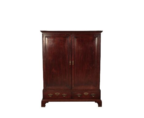 GEORGE II MAHOGANY PRESS CUPBOARD of unusually small proportions, with a moulded cornice over a pair of rectangular panelled 