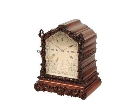 FRODSHAM JOHN 1822-1830 MAHOGANY BRACKET CLOCK, the 15cm x 11cm engraved shaped silvered dial, with Roman numerals, inscribed