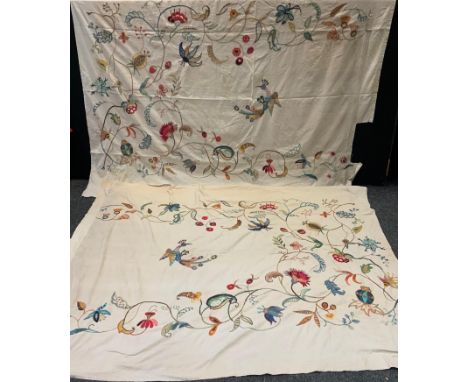 Textiles - a pair of hand crafted rectangular embroidered tapestry panels, each with a stylized Pheasant among fruiting and b
