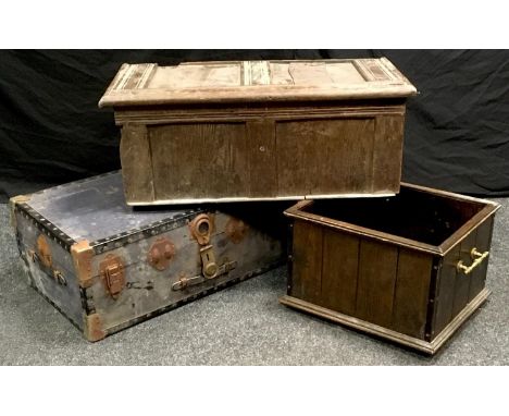 A 19th century oak box; another oak box, brass handles; a 20th century travel trunk. (3) 