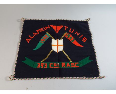 An Embroidered WWII Wall Hanging Alamein / Tunis, 1942-3, 393 Company, R A S C, 38 cm Wide