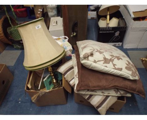 A Brass Table Lamp with Shade, Scatter Cushions, Books Etc