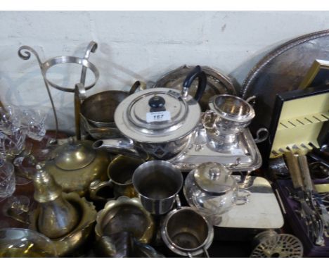 A Tray of Metal Wares to Include Silver Plate Tea Service Sugar Sifter Brass Tea Service Etc