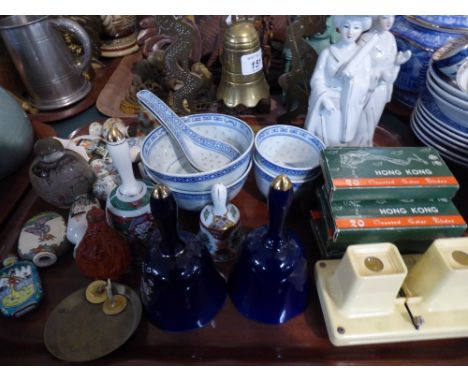 A Tray of Oriental Items to Include Decorated Ceramic and Glass Snuff Bottles, Bells, Slides of Hong Kong, Ceramics Etc