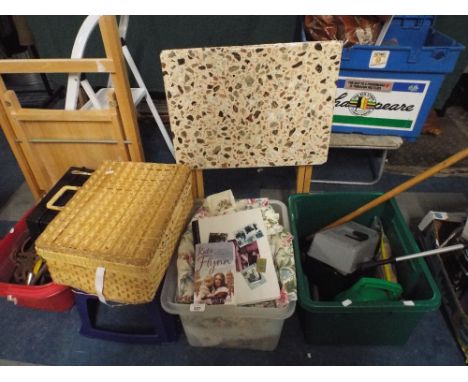 Three Boxes Containing Tools, Knitting Equipment, Table Linens 