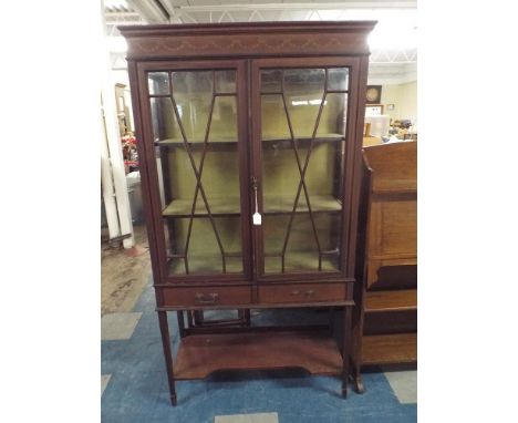 An Edwardian Mahogany Display Cabinet with Two Drawers, Stretcher Shelf, Astragal Glazed Top, 90 cm Wide 