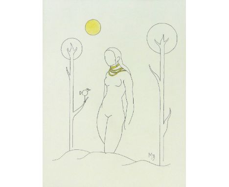 A 20th century ink/crayon, stylised nude and trees, signed with initial M, dated '73, 15.5" x 12", framed.