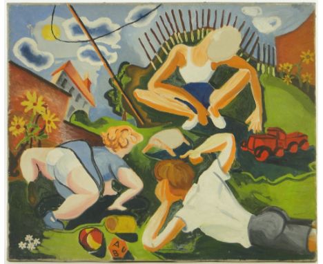 Pyle,
oil on canvas circa 1950, children playing, unsigned, 20" x 24", unframed.