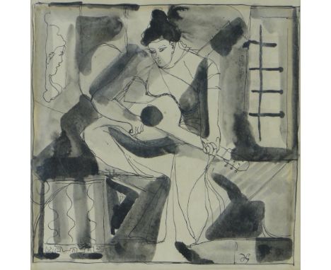 Attributed to Duncan Grant (1885-1978),
ink and wash drawing, woman playing a guitar, signed with monogram, 9" x 9", framed.