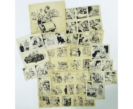 A Collection of 1930s original pen and ink motoring cartoons, by George Lane and R Brocklebank, all with publisher's stamps a