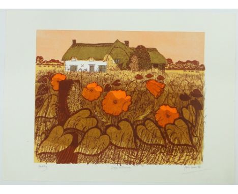 Robert Tavener,
colour screen print, "Poppies & Farmhouse," artists proof, unframed, s 22" x 30".