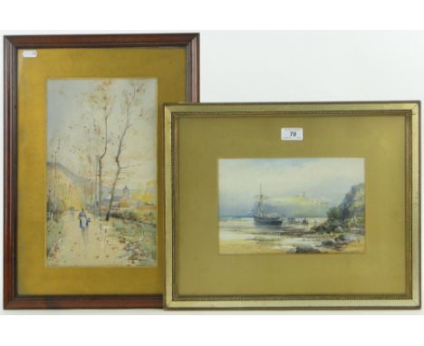L R Bootle,
watercolour, "Unloading The Catch," signed, 6.5" x 10", and J Foster, watercolour, figures on a country road, 13"