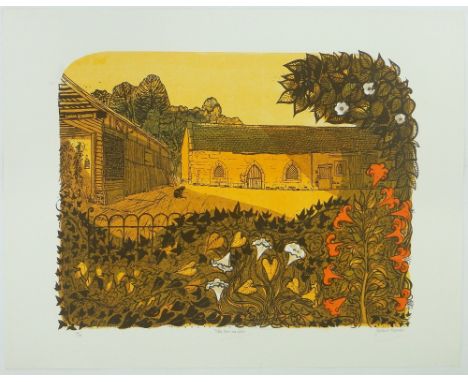 Robert Tavener,
colour screen print, "Tithe Barn & Lilies," no. 60/70, unframed, s 22" x 30".