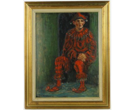 Oil on board, portrait of a Jester, indistinctly signed R Vanderliem, 19.5" x 14.5", framed.
