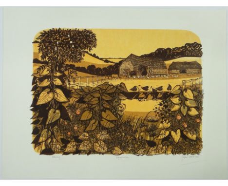 Robert Tavener,
colour screen print, "Hedgerow & Barns," artist's proof, unframed, s 22" x 30".
