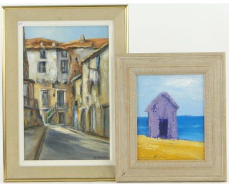 Terence Markham,
oil on board, purple hut, signed, 10" x 7.5", and R Tangui, oil on canvas, continental street, 16" x 10", fr