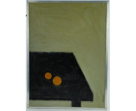 R D Polaine,
oil on canvas, oranges and table, signed and dated 1966, inscribed verso, 41" x 30", framed.