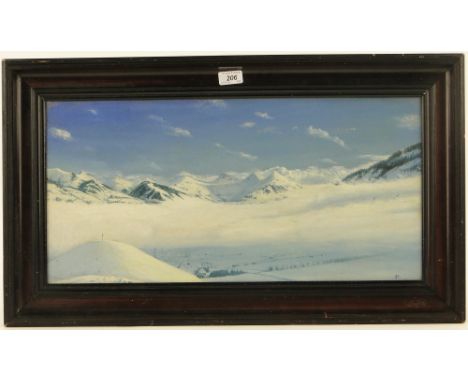Oil on canvas, snow covered alpine landscape, signed with monogram R E, dated 1912, 12" x 24", framed.