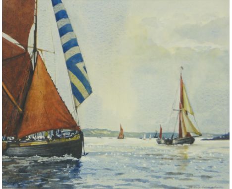 Bert Wright PRSMA FRSA (Wapping Group),
watercolour, "Evening Light,Thames Barge Race," signed, 10" x 12", framed.