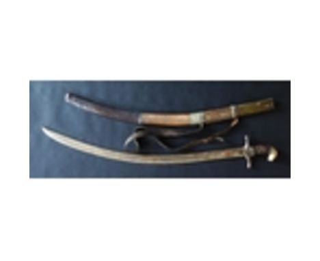 Middle Eastern Shamshir Sword. 81cm Curved decorated Blade. Wood Scabbard with metal mounts. 96cm.