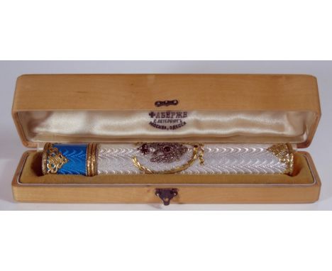 A Fabergé Silver Gilt Scroll Holder with guilloché enamel, rose cut diamond and cabochon jewel set decoration, marks to base,