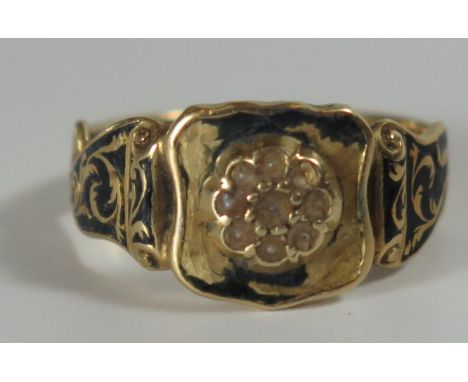 An Early Victorian 18ct Gold, Enamel and Pearl Memorial Ring, London 1838, WD, size M.5, 4.2g 