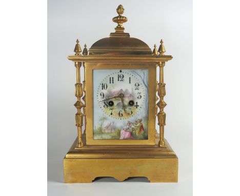 A French 19th Century Gilt Brass Mantle Clock with a hand painted porcelain dial decorated with buildings and figures, S. Mar