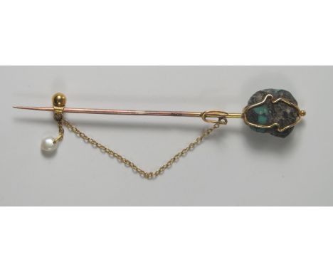 A 15ct Gold, Turquoise and Pearl Pin, 69mm, 2.3g 