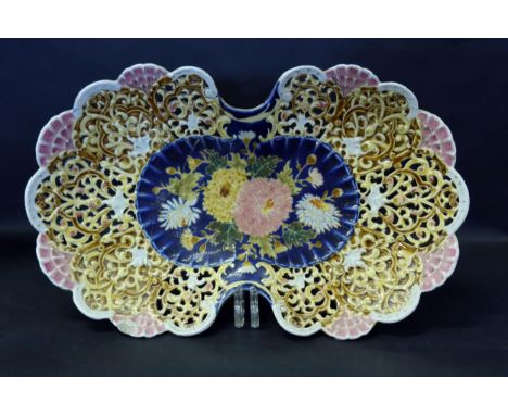A Zsolnay Pecs Shaped and Pierced Floral Decorated Dish, 42.5x26cm. Repaired 