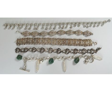 A Selection of Silver Bracelets including one mounted with turquoise and pearl, 83g 