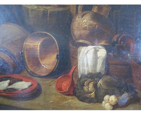 Unsigned C18th still life on wooden panel depicting a scullery scene, 30 x 20cm, F &amp; G 