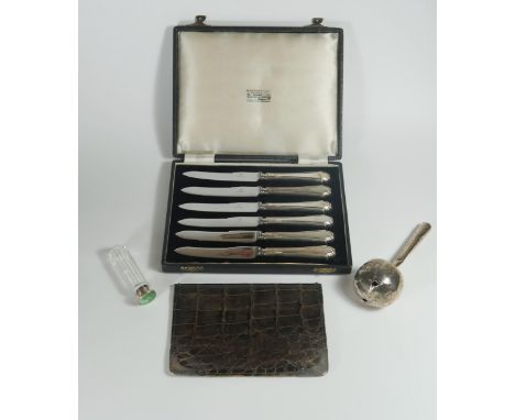 A George VI Cased Set of Six Silver Handled Tea Knives (Sheffield 1948, FC), silver mounted wallet, silver rattle and scent f