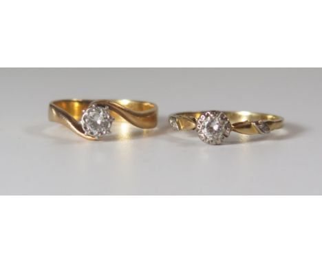 An 18ct Gold and Illusion Set Diamond Solitaire Twist Ring (size K.5, 3.1g) and 18ct gold and illusion set diamond ring with 