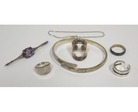 Two Danish Silver Ring, London 2004 silver bangle, 9ct gold and silver marcasite eternity ting, amethyst brooch, etc. 