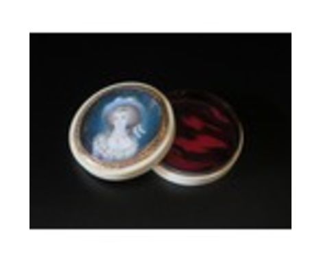 A 19th Century French Gold, Ivory and Tortoise Shell Box, the top decorated with a portrait miniature of a young lady under g