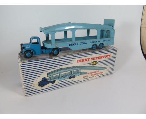 A Dinky Toys 982 Pullmore Car Transporter, mid blue cab and wheels, light blue trailer, excellent in excellent box (no loadin