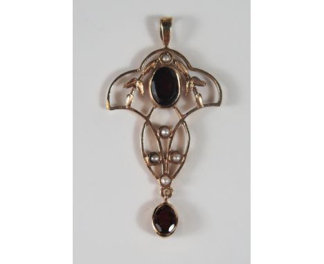 A 9ct Gold, Garnet and Seed Pearl Pendant, 39mm drop, 1.8g 