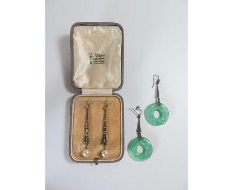 A Pair of Micara Pearl Company Silver Mounted Earrings and one other pair,  both c. 58mm drop 