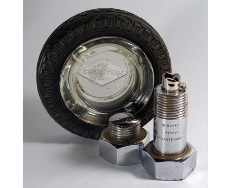 A Heavy Chromed 'Nut and Bolt' Table Lighter, 13.5cm (fits Clipper style lighters) and Goodyear advertising ashtray 