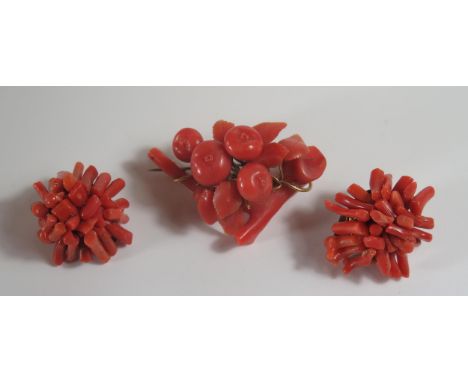 A Pair of Stick Coral Clip Earrings and Brooch 