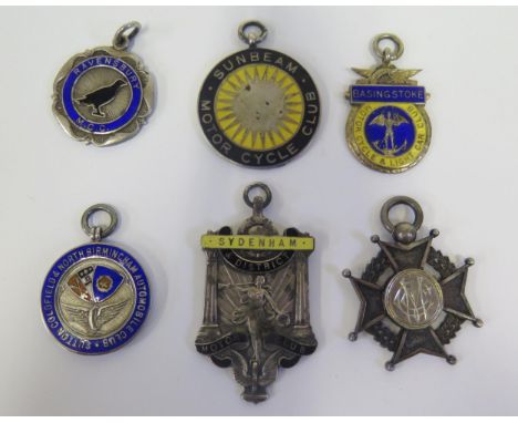 A Collection of Silver and Enamel Motoring Fob Medallions and one plain silver including Sunbeam Motor Cycle Club 1927, Sutto