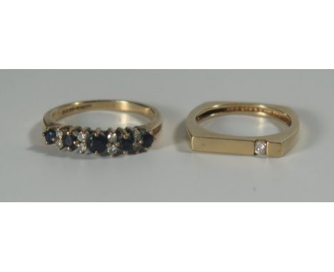 A 9ct Gold Sapphire and White Stone Ring (size L.5, 2.3g) and modern 9ct gold and diamond solitaire ring (size J, 2.1g) 